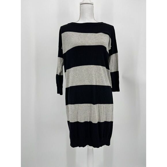 ATM Rugby Stripe Sweater Dress 3/4 Sleeve Black Heather Gray Knee Length Size S - Picture 1 of 7